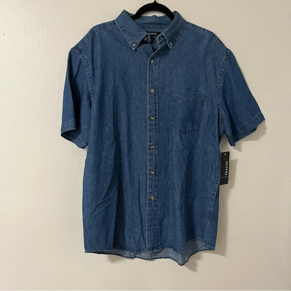 Dead-stock 1990s George Short Sleeve Solid Denim Dress Shirt Size Large - Picture 2 of 8